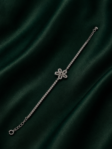 Sterling Silver Sparkling Floral Centerpiece Tennis Chain Bracelet