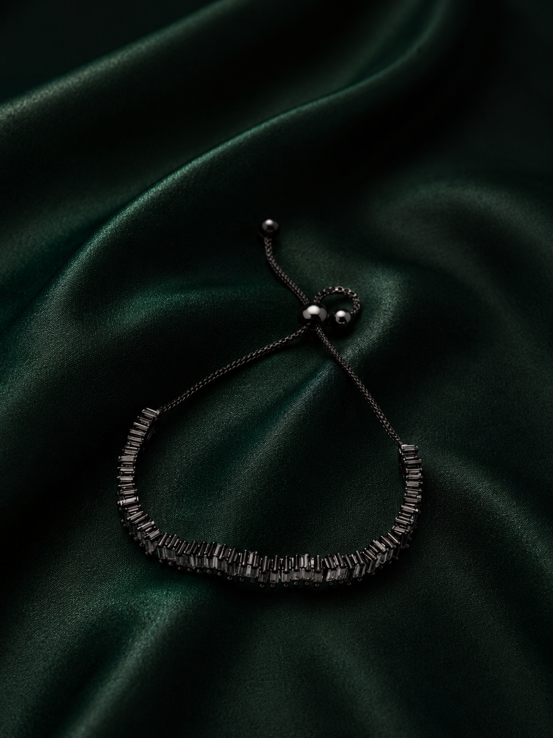 Midnight Glamour Black Gunmetal Baguette Crystal Bolo Bracelet