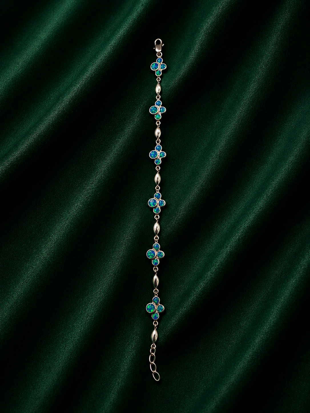 Sterling Silver Teal Opal Clover Bracelet – Four-Leaf Lucky Clover Flower Chain