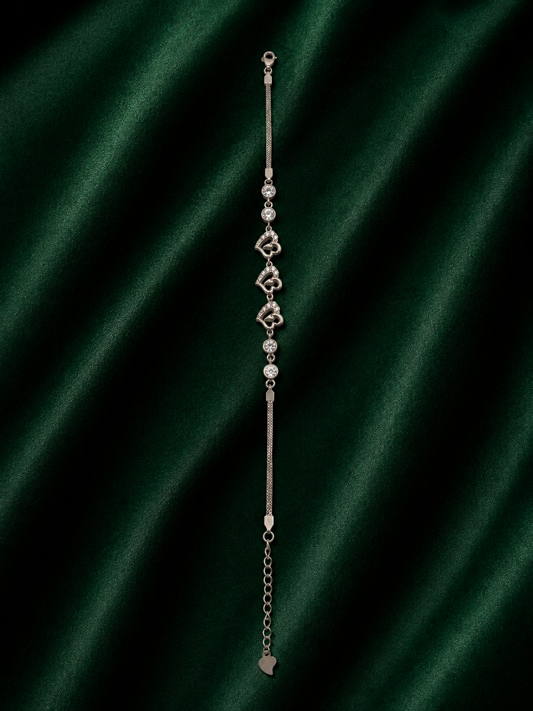 Sterling Silver Triple Heart Link Bracelet – Elegant Dainty Pave Heart Chain