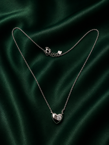 Minimalist Silver Asymmetric Heart Solitaire Charm Necklace