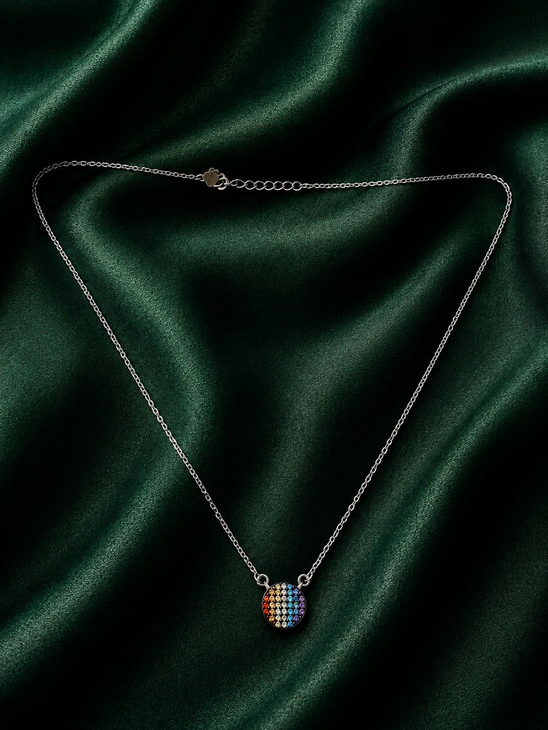 Vibrant Silver Round Rainbow Crystal Pendant Necklace – Modern Colorful Medallion