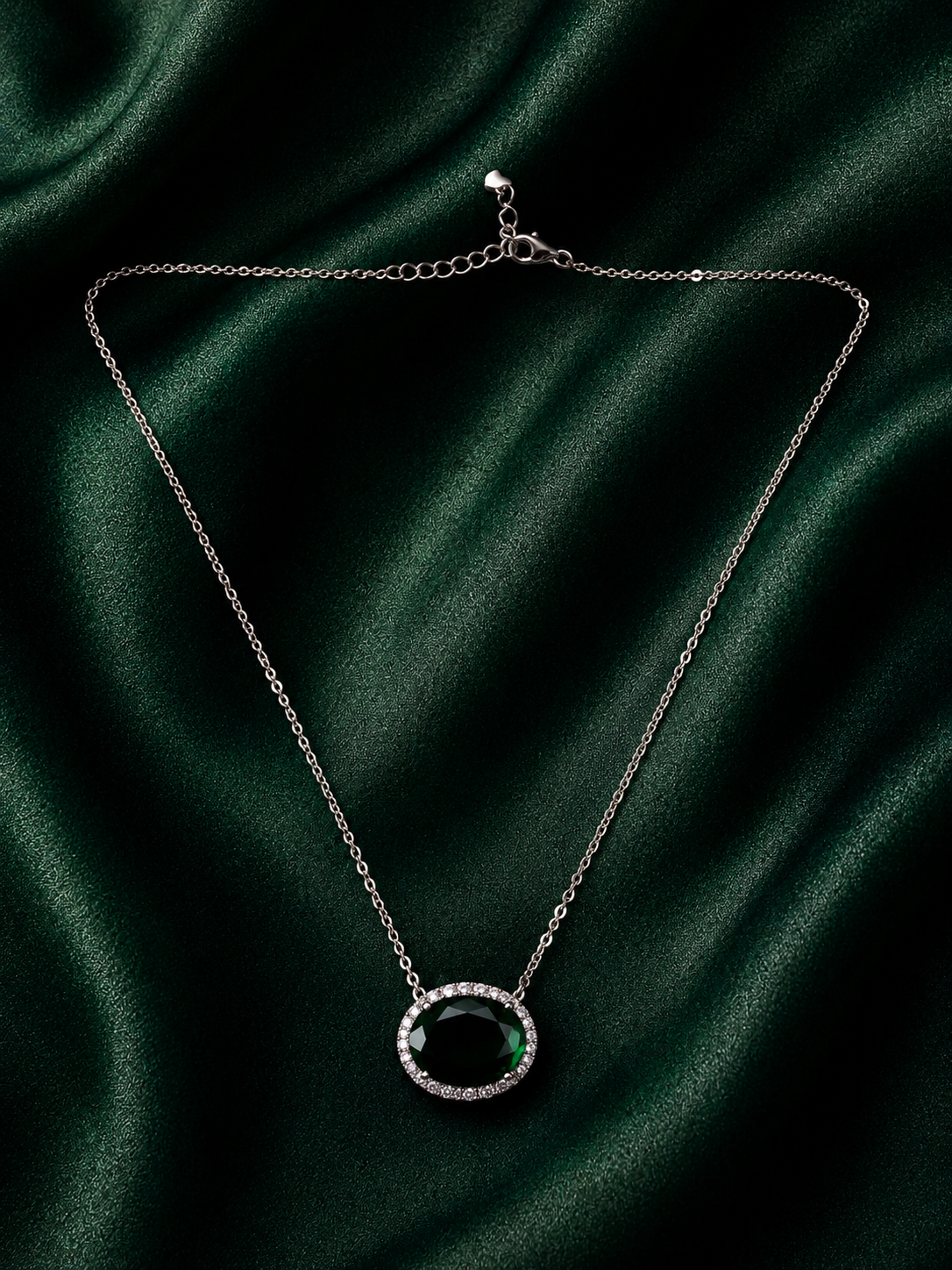 Sterling Silver Emerald Green Halo Necklace – Royal Oval Statement Pendant