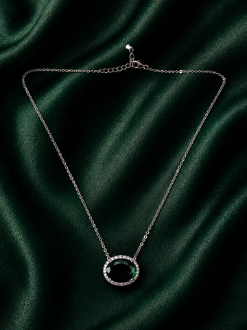 Sterling Silver Emerald Green Halo Necklace – Royal Oval Statement Pendant