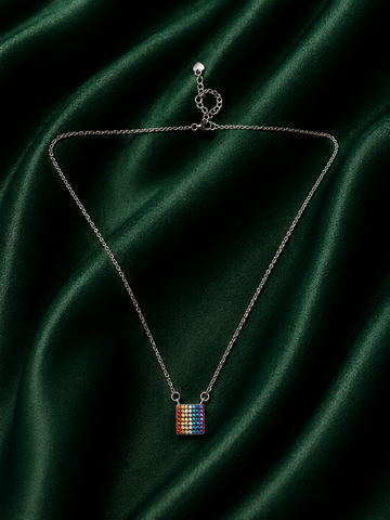 Sterling Silver Vibrant Rainbow Pave Square Necklace