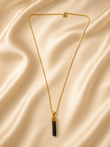 Raw Black Tourmaline Column Pendant Necklace | Natural Crystal Point Gold Jewelry