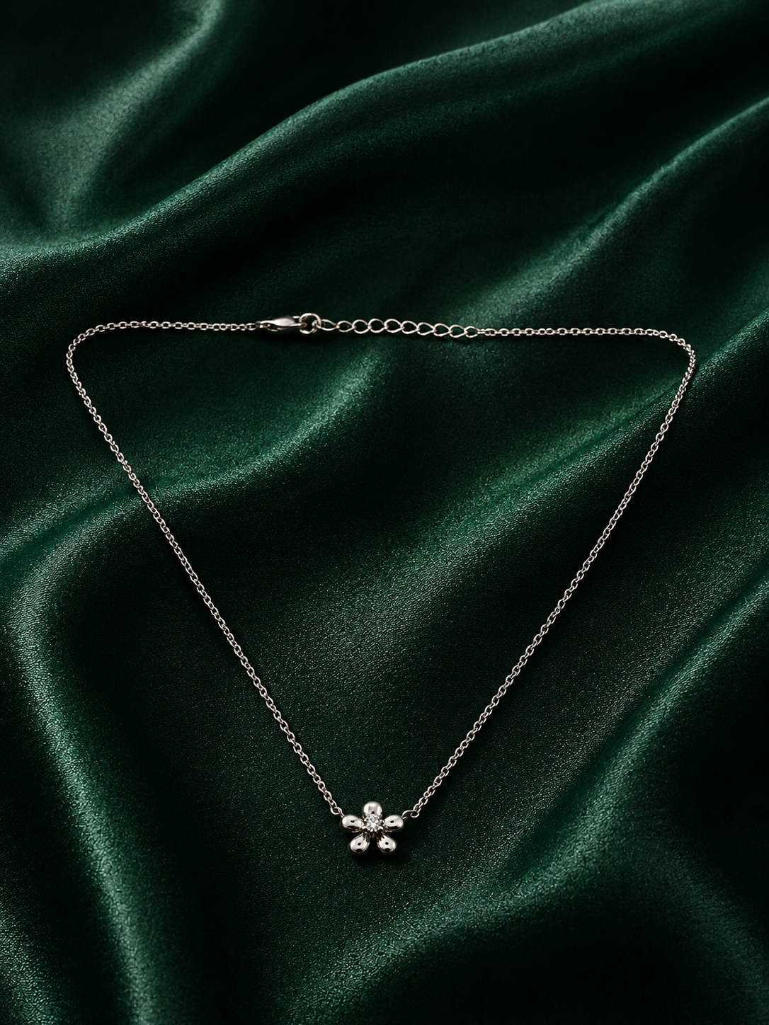 Dainty Silver Blossom Flower Pendant Necklace with Crystal Center