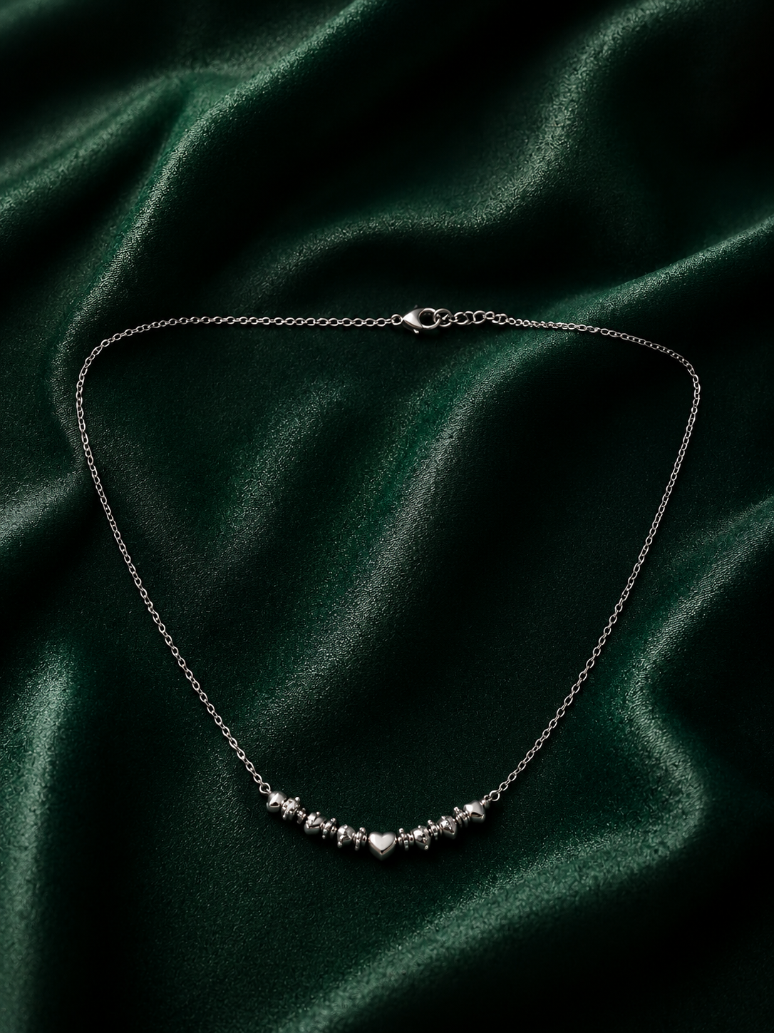 Delicate Silver Heart and Beaded Station Chain Necklace
