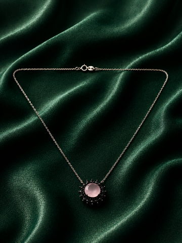 Pastel Pink Stone Pendant Necklace with Black Crystal Halo