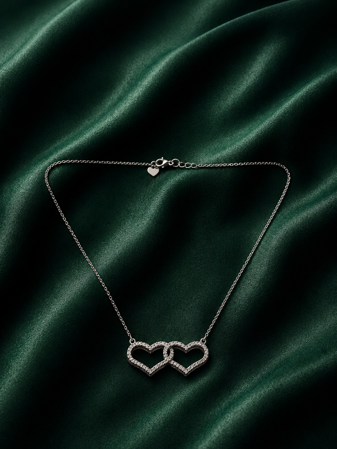 Dainty Interlocking Double Heart Crystal Necklace in Silver