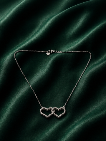 Dainty Interlocking Double Heart Crystal Necklace in Silver