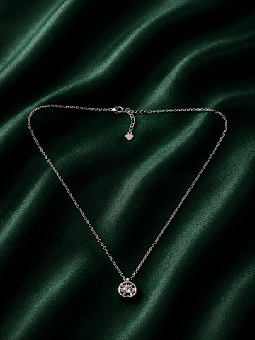 Classic Solitaire Crystal Halo Pendant Necklace in Sterling Silver