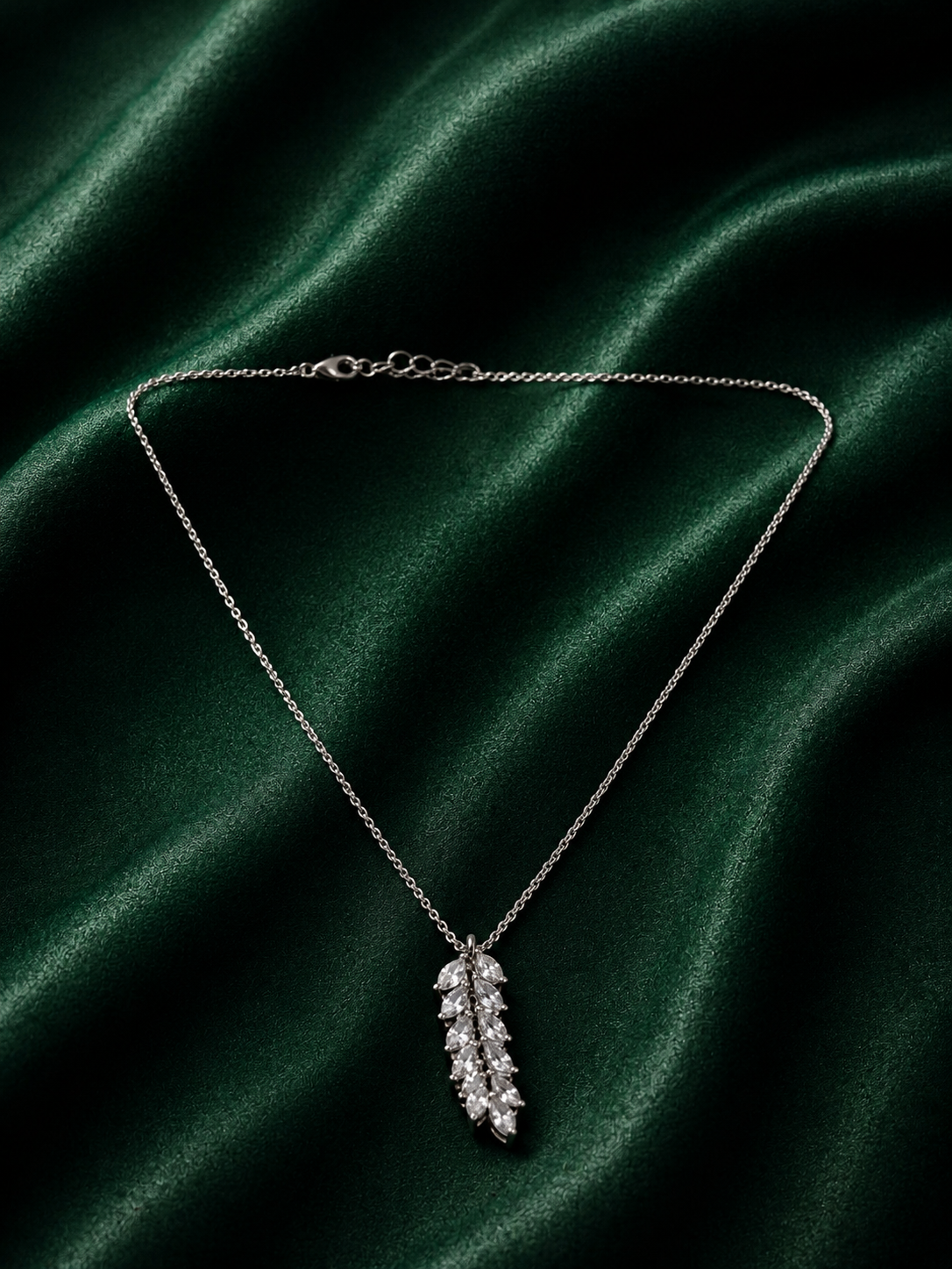 Elegant Marquise Crystal Leaf Branch Pendant Necklace in Sterling Silver