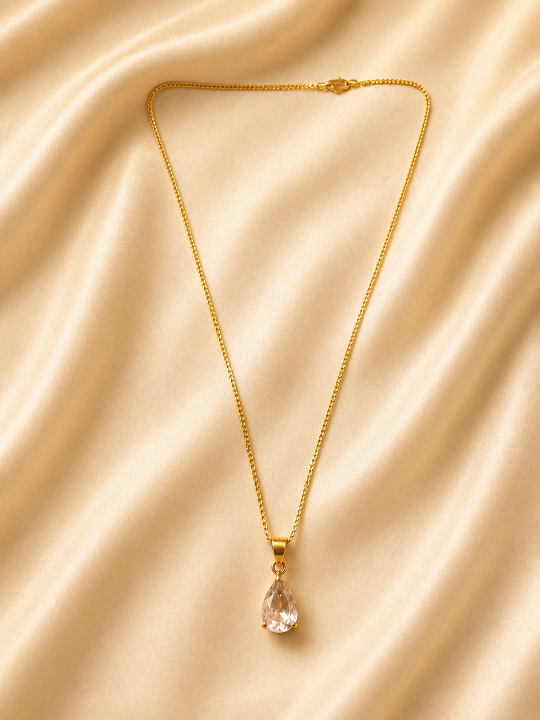 Faceted Pear-Cut Champagne Crystal Pendant Necklace | Dainty Tear-Drop Gold Chain