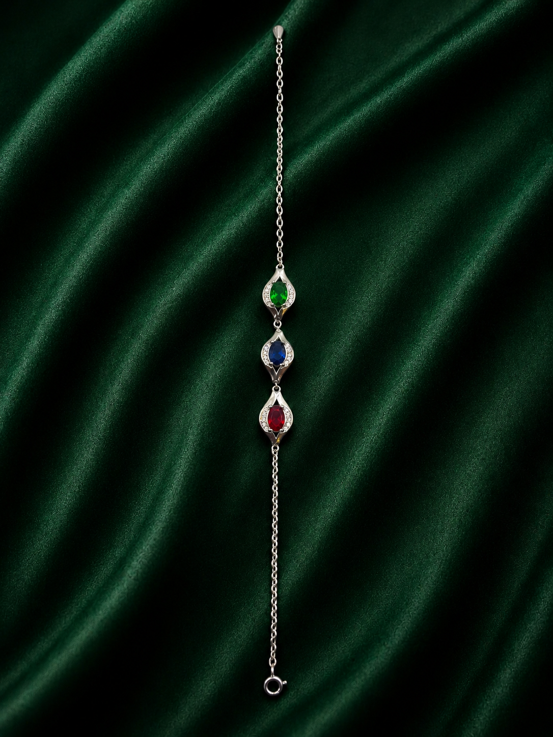 Elegant Silver Marquise Link Bracelet with Vibrant Colorful Crystals