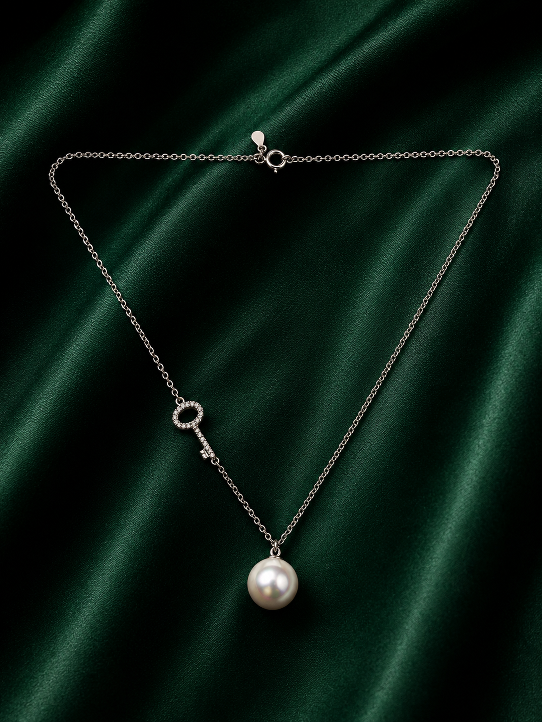 Luxury Silver Freshwater Pearl Drop Necklace with Sparkling Crystal Key Accents