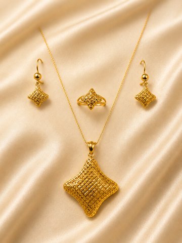 Luxury Diamond-Shaped Jewelry Set | Textured Lattice Pendant, Ring & Drop Earrings