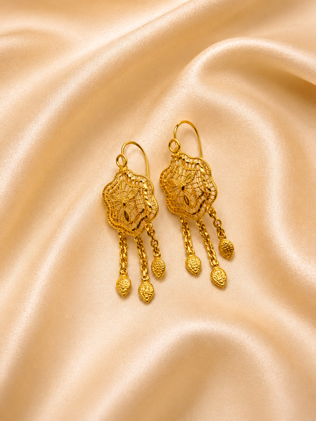 Dahlia Gold Lace Dangle Earrings with Textured Leaf Charms