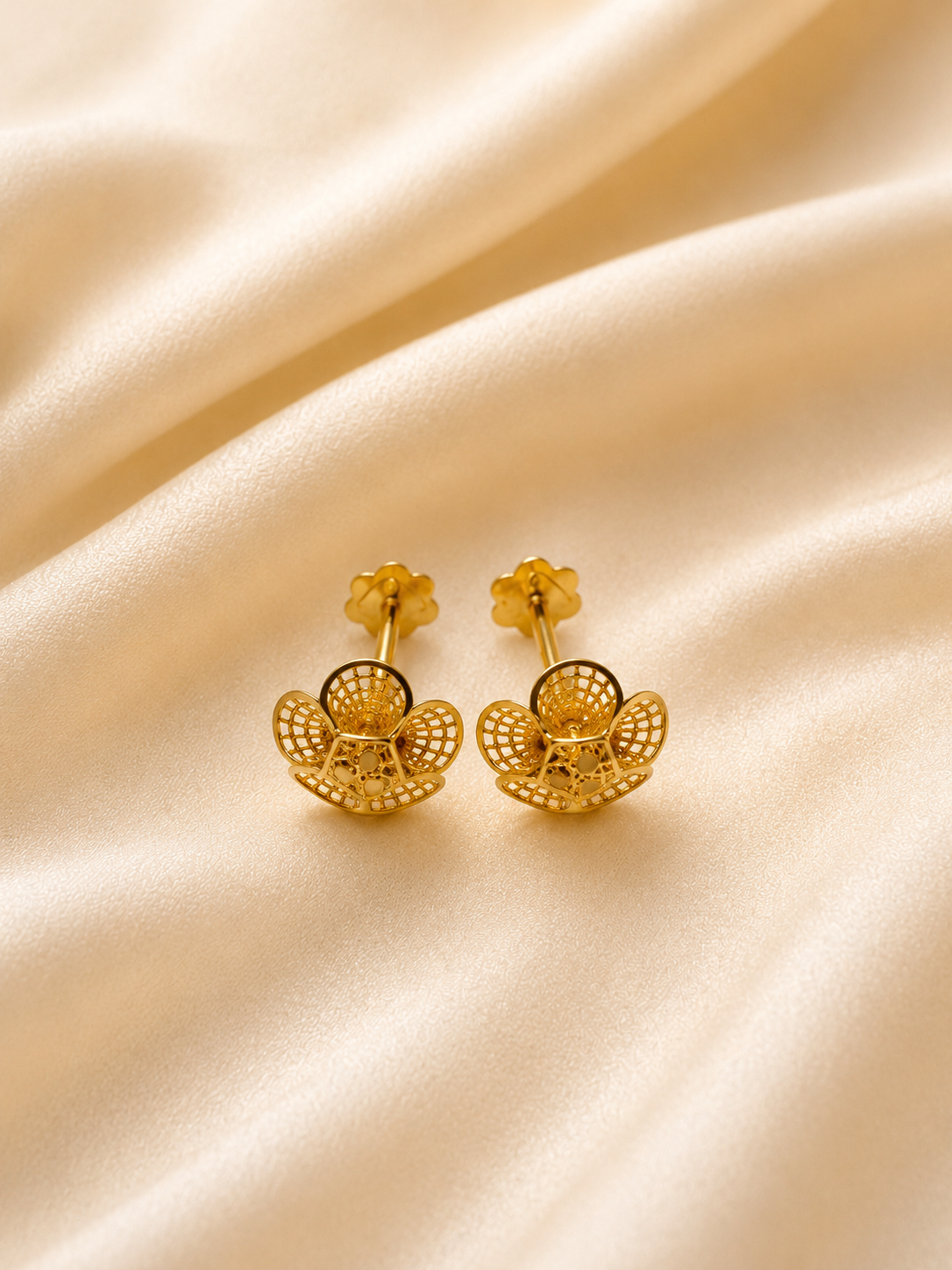 Gold Openwork Lace Blossom Stud Earrings
