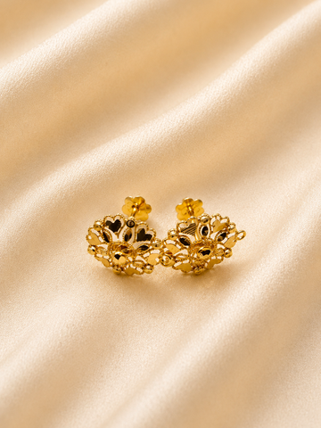 Gold Ornate Floral Lace Disk Stud Earrings