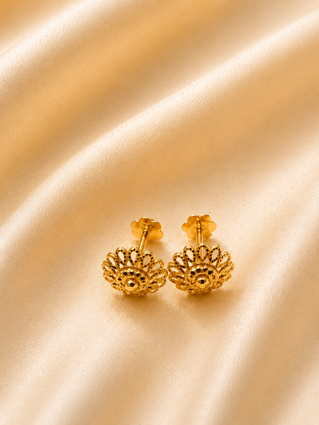 Artisanal Gold Crown Rosette Studs – Tiered Sunburst Filigree Earrings
