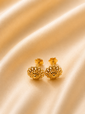 Artisanal Gold Crown Rosette Studs – Tiered Sunburst Filigree Earrings