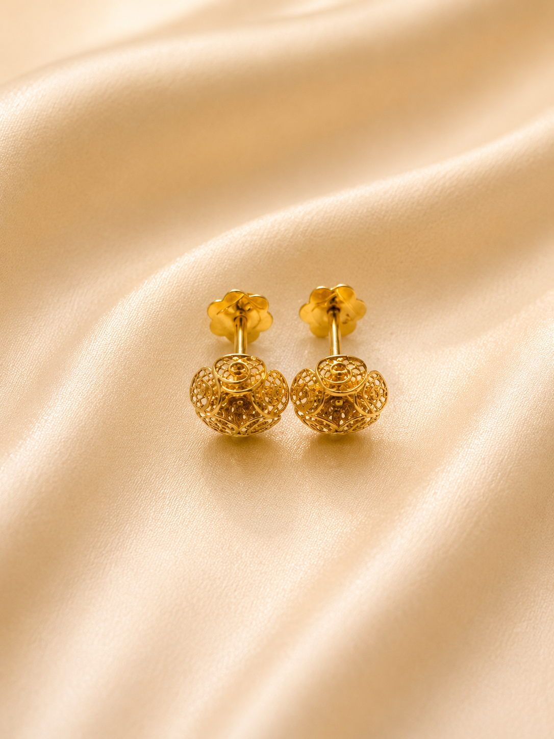 Gold Spherical Filigree Orb Stud Earrings