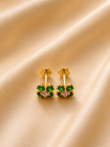 Regal Emerald Green Clover Stud Earrings – Gold Floral Crystal Studs