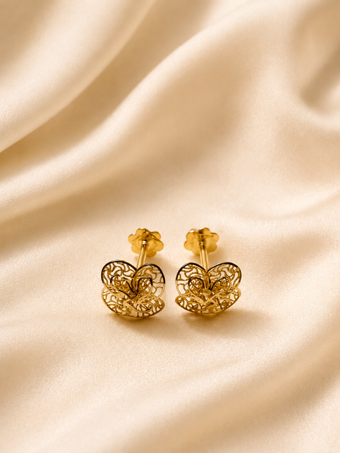 Premium Gold Rosebud Filigree Studs – Swirling Lace Earrings