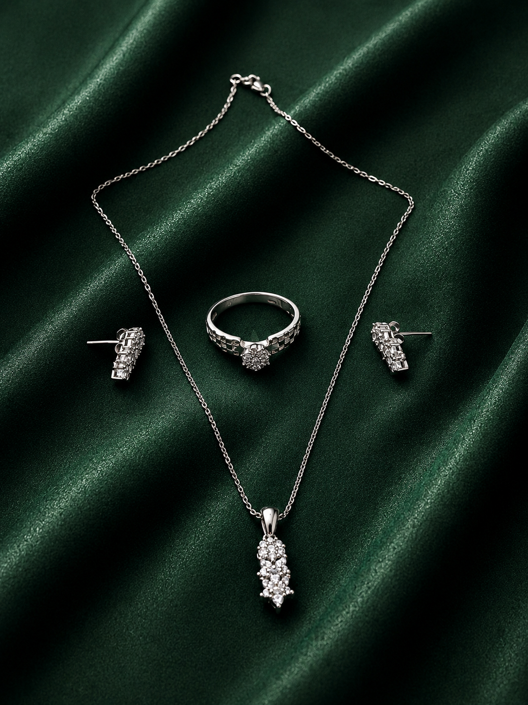 Elegant Cascading Crystal Cluster Jewelry Set | Silver Baguette Drop Necklace, Studs & Statement Ring