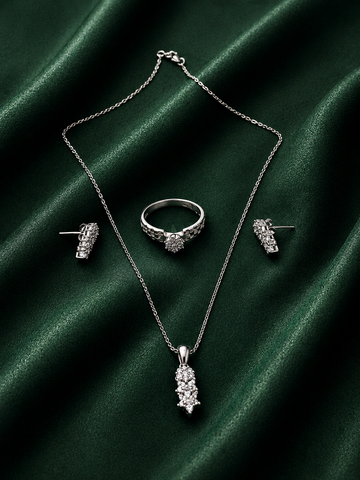 Elegant Cascading Crystal Cluster Jewelry Set | Silver Baguette Drop Necklace, Studs & Statement Ring