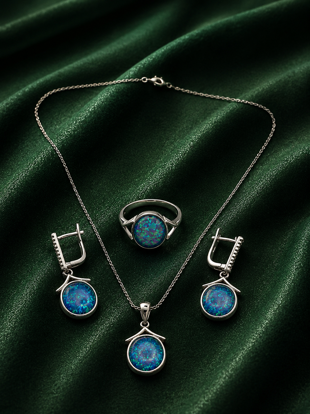 Vintage Round Blue Fire Opal Jewelry Set | Silver Pendant Necklace, Drop Earrings & Statement Ring