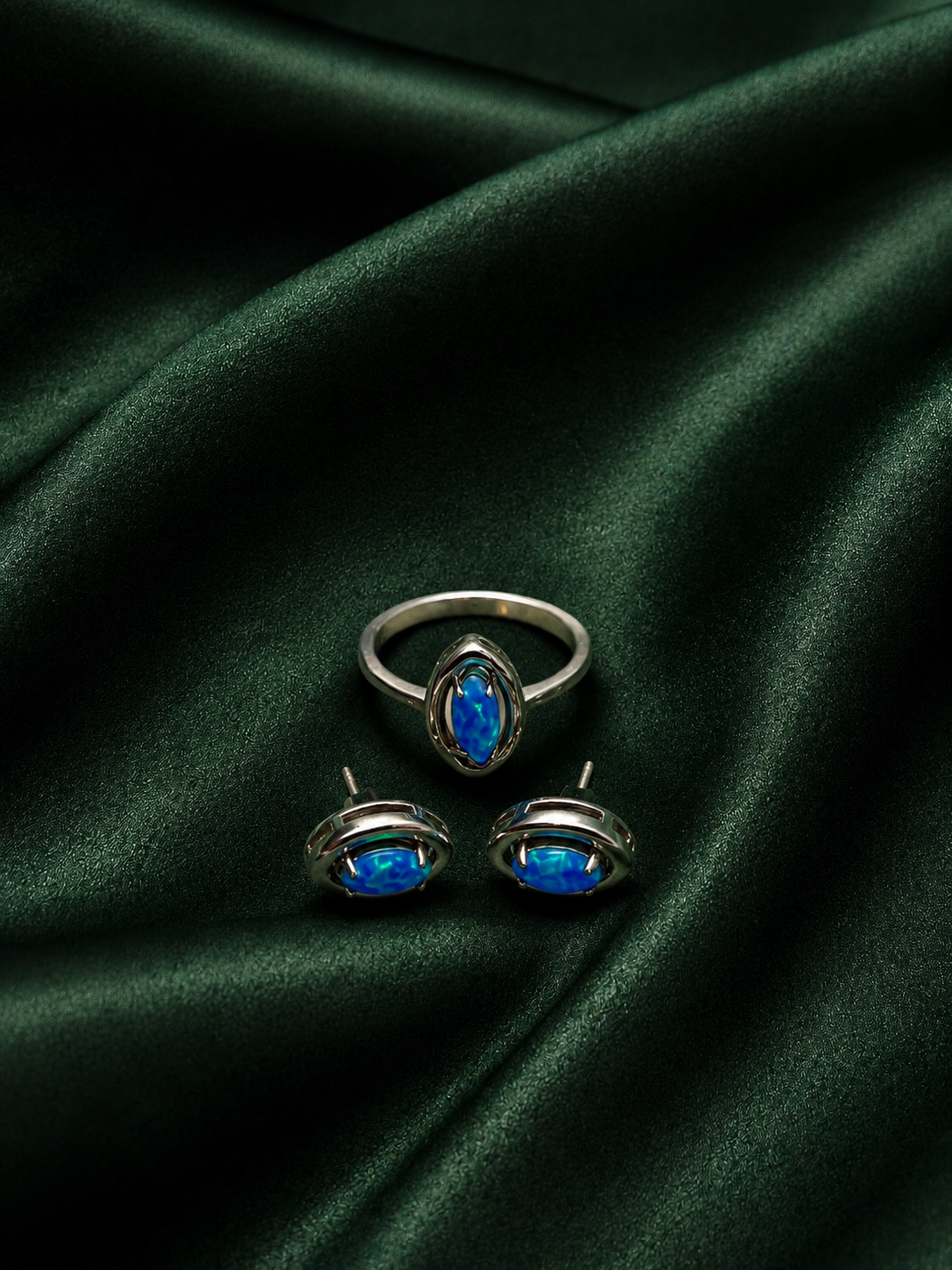 Sleek Marquise Blue Fire Opal Jewelry Set | Silver Accent Ring & Matching Oval Stud Earrings