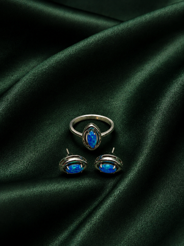 Sleek Marquise Blue Fire Opal Jewelry Set | Silver Accent Ring & Matching Oval Stud Earrings