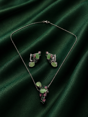 Enchanted Sage Green Cabochon Vine Jewelry Set | Silver Floral Cluster Necklace & Leverback Earrings