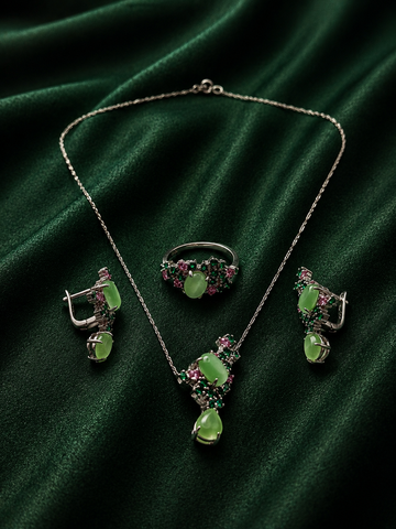 Ethereal Sage Green Chalcedony Floral Jewelry Set | Silver Necklace, Drop Earrings & Statement Ring