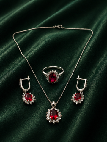 Majestic Ruby Red Crystal Halo Jewelry Set | Silver Pendant Necklace, Drop Earrings & Statement Ring