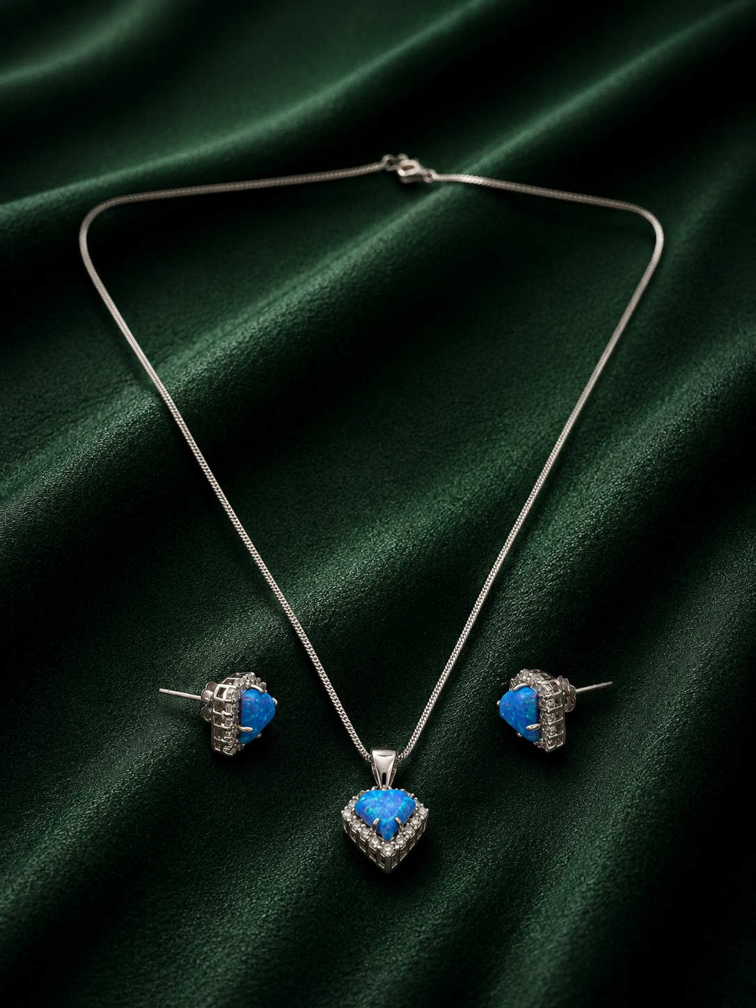 Silver Halo Heart Necklace & Matching Stud Earrings