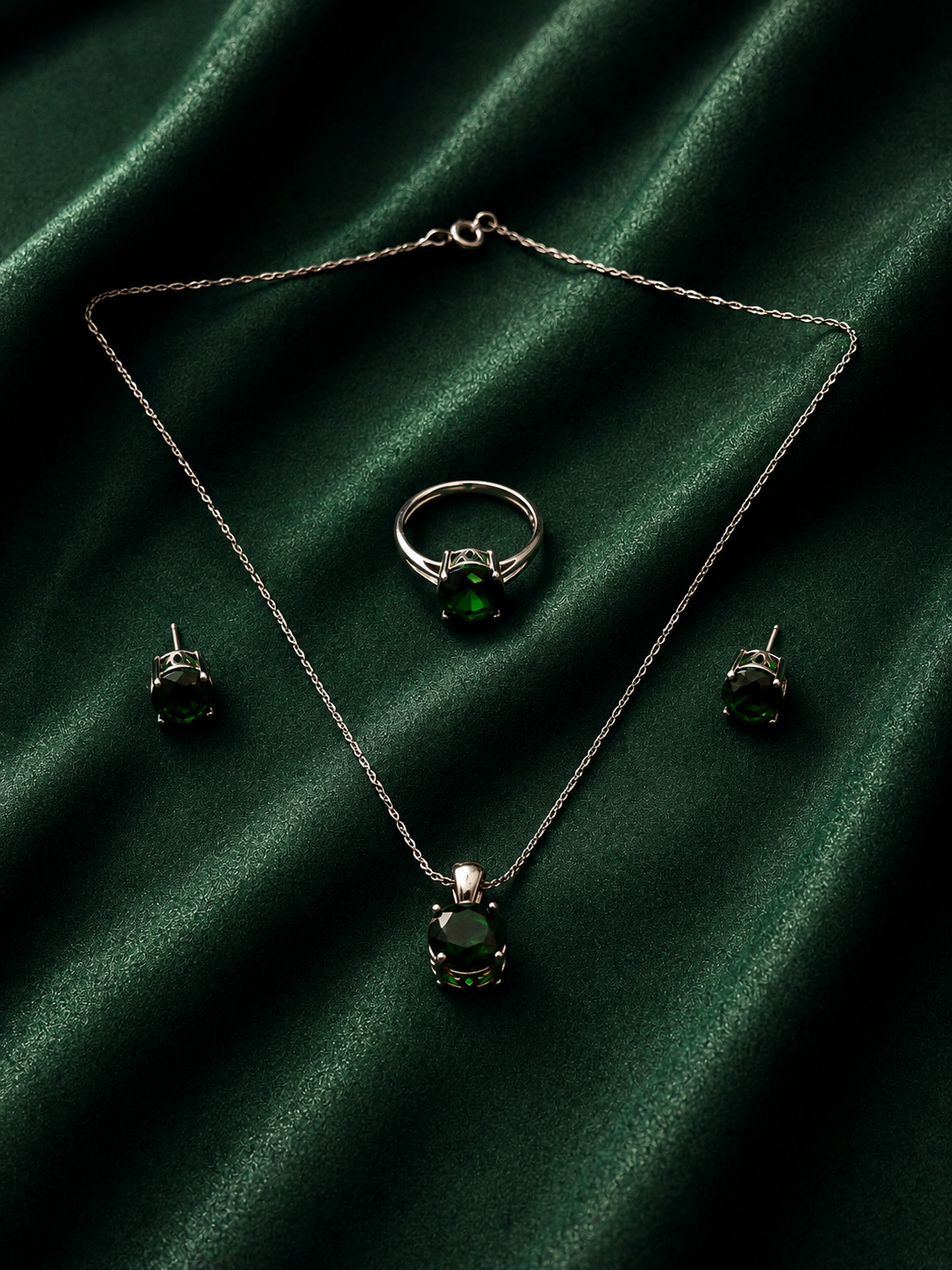 Classic Emerald Green Gemstone Jewelry Set | Silver Pendant Necklace, Minimalist Studs & Ring