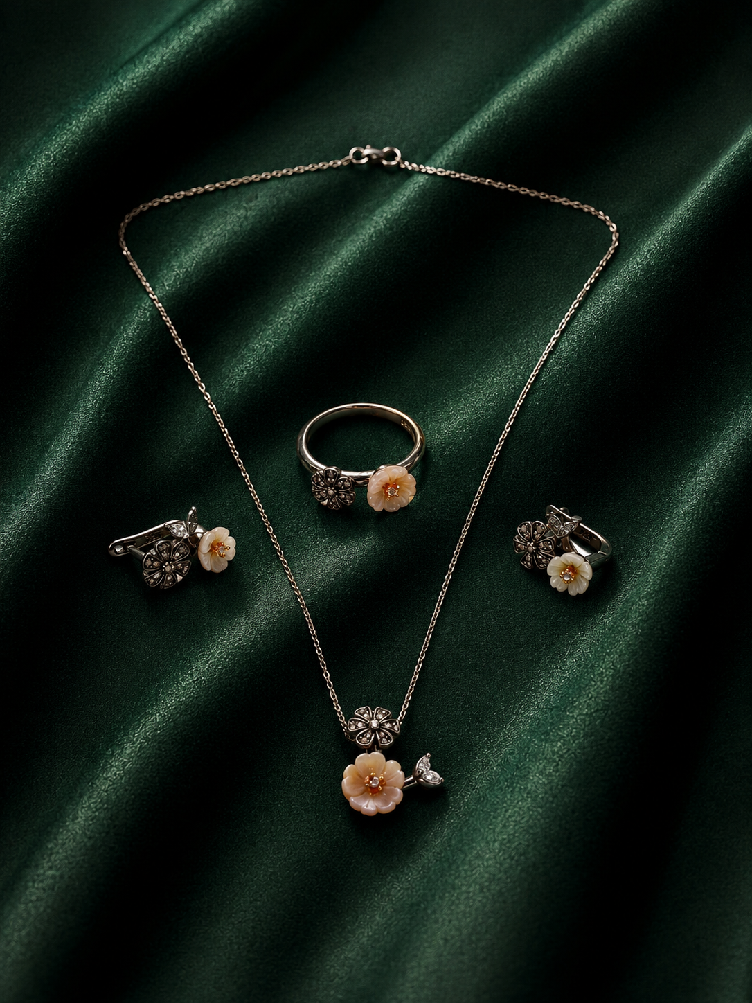 Vintage Carved Mother-of-Pearl Flower Jewelry Set | Silver Rose-Bud Necklace, Earrings & Ring