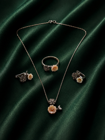 Vintage Carved Mother-of-Pearl Flower Jewelry Set | Silver Rose-Bud Necklace, Earrings & Ring