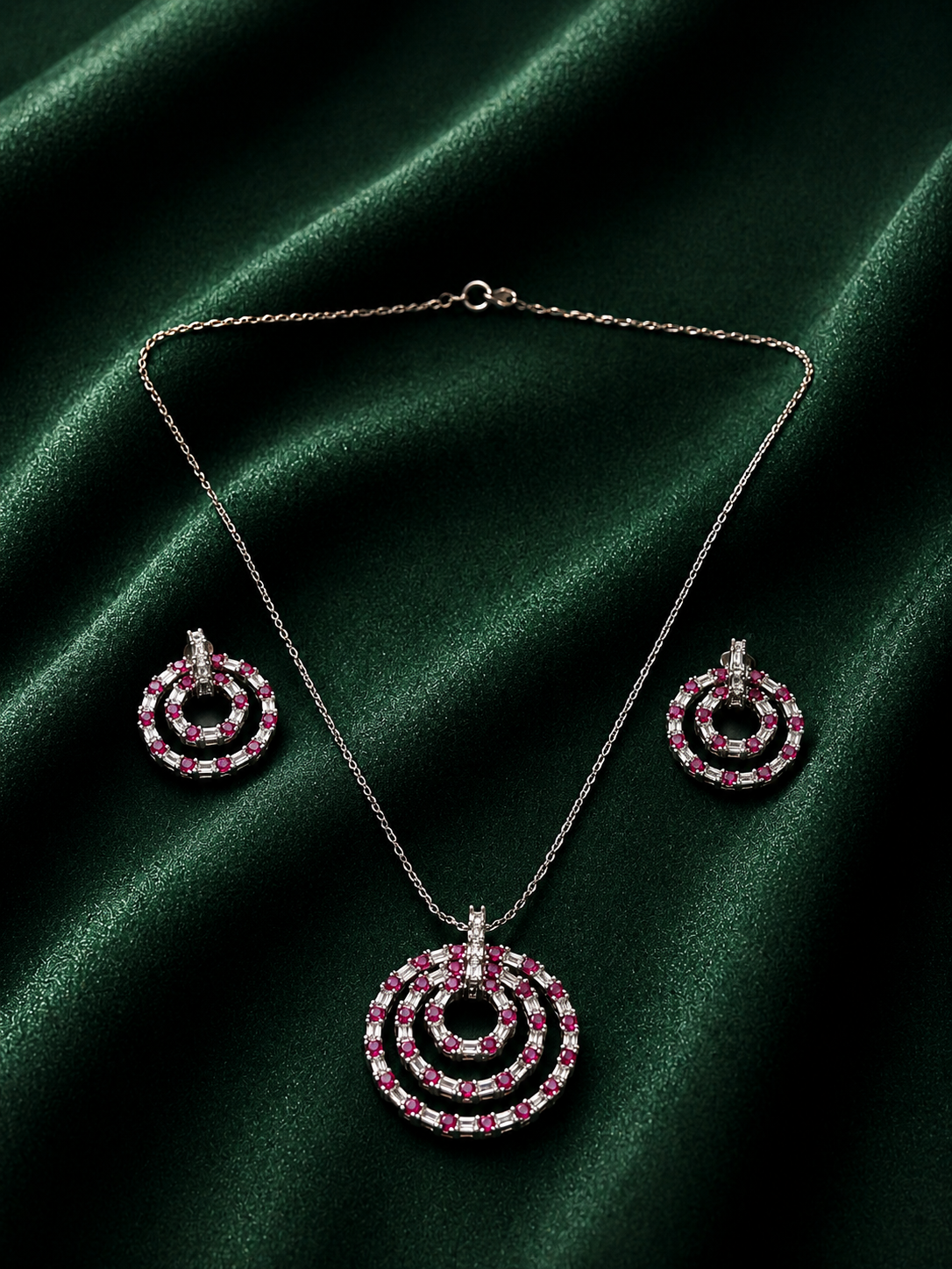 Luxury Ruby Red Concentric Circle Halo Jewelry Set | Silver Triple-Hoop Necklace & Drop Earrings