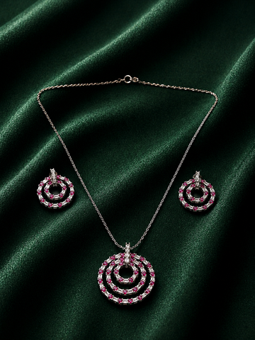 Luxury Ruby Red Concentric Circle Halo Jewelry Set | Silver Triple-Hoop Necklace & Drop Earrings