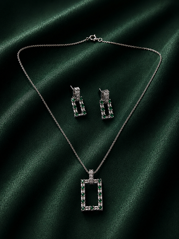 Modern Emerald Green Geometric Rectangle Jewelry Set | Silver Drop Pendant Necklace & Dangle Earrings
