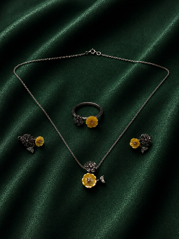 Vintage Golden Mother-of-Pearl Flower Jewelry Set | Dark Silver Rose Necklace, Earrings & Accent Ring