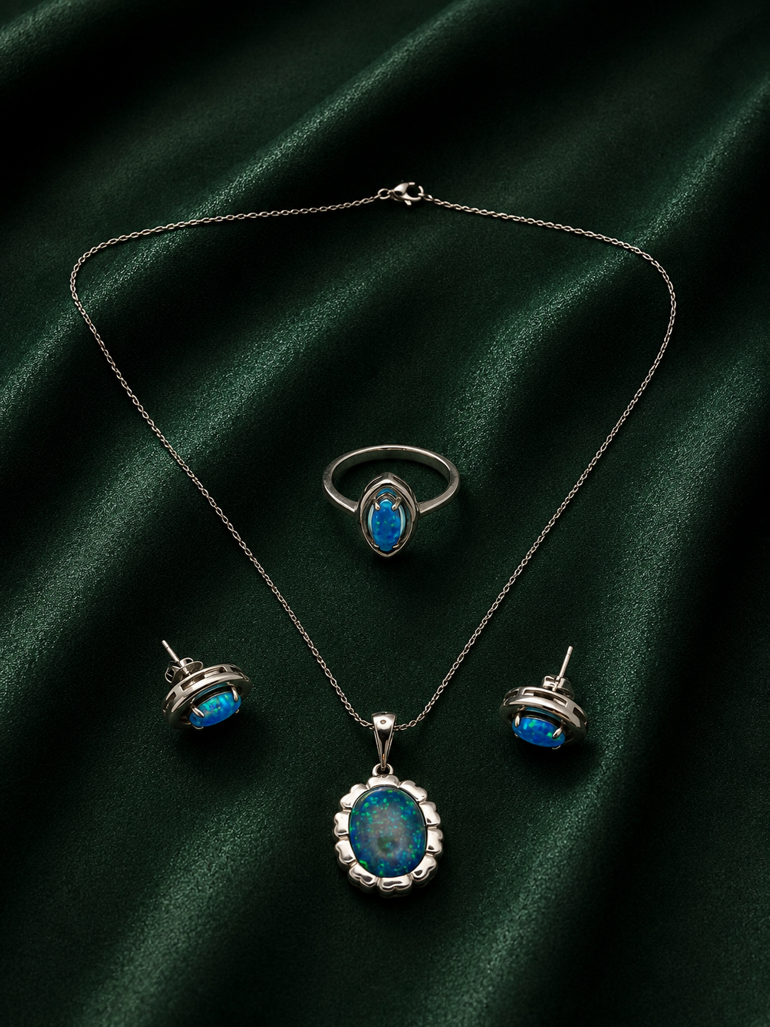 Classic Oval Blue Fire Opal Jewelry Set | Silver Scalloped Pendant Necklace, Studs & Accent Ring