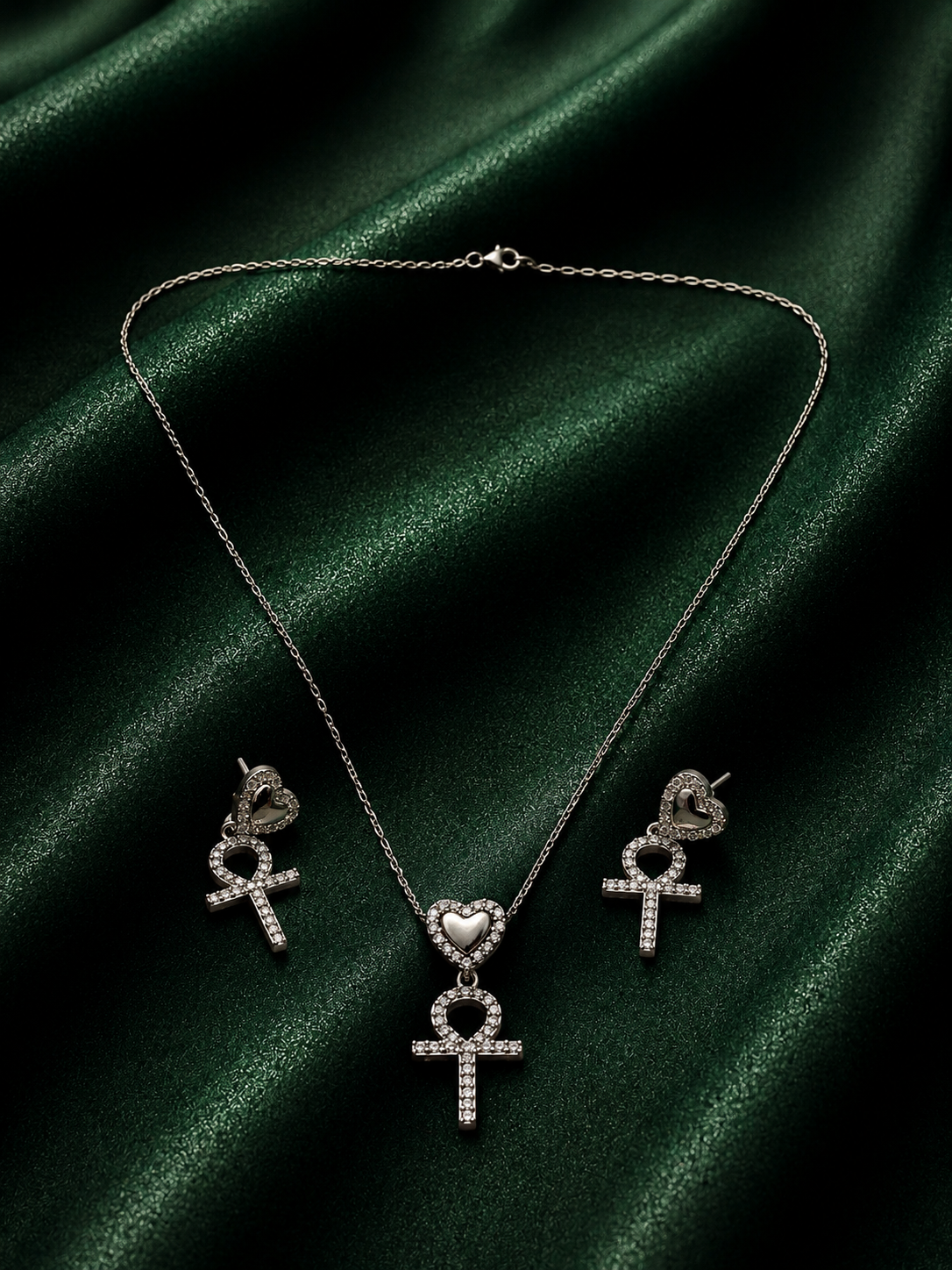 Sacred Heart Ankh Cross Jewelry Set | Silver Egyptian Symbol Pendant Necklace & Drop Earrings