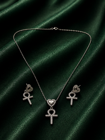 Sacred Heart Ankh Cross Jewelry Set | Silver Egyptian Symbol Pendant Necklace & Drop Earrings