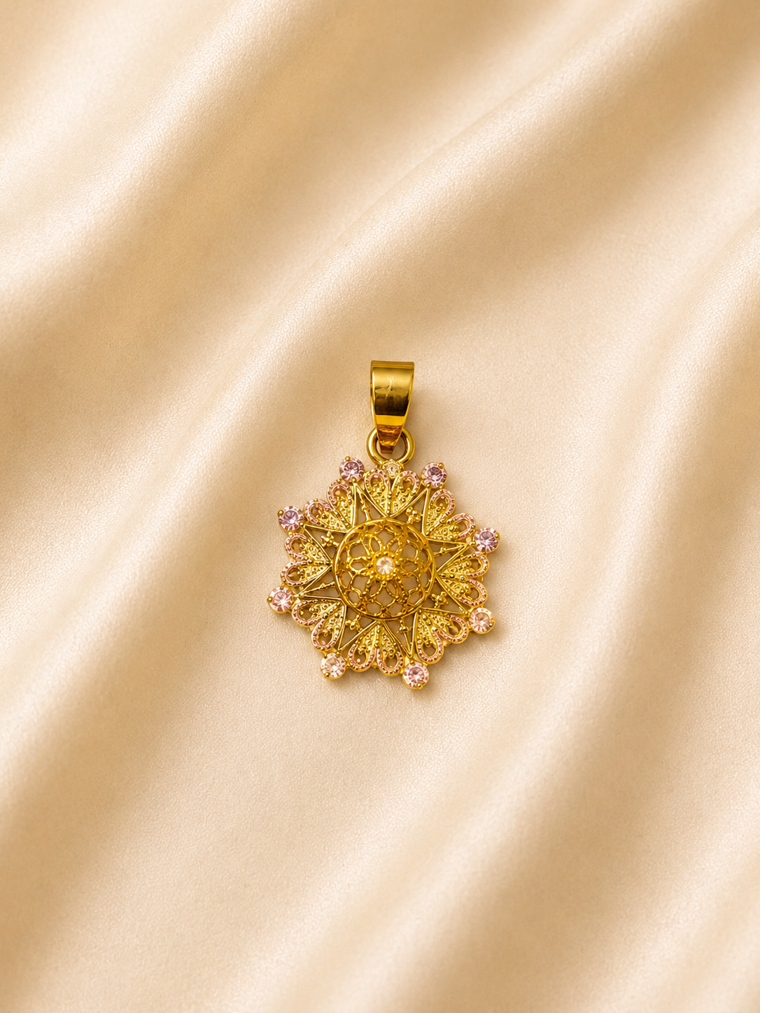 Luxury Gold Starburst Floral Pendant – Intricate Pink Crystal Halo Charm