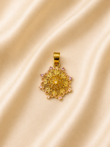 Luxury Gold Starburst Floral Pendant – Intricate Pink Crystal Halo Charm